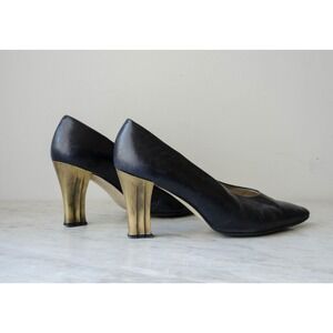 Proxy 90s vtg minimalist black leather gold metal high‎ heel pumps size 10